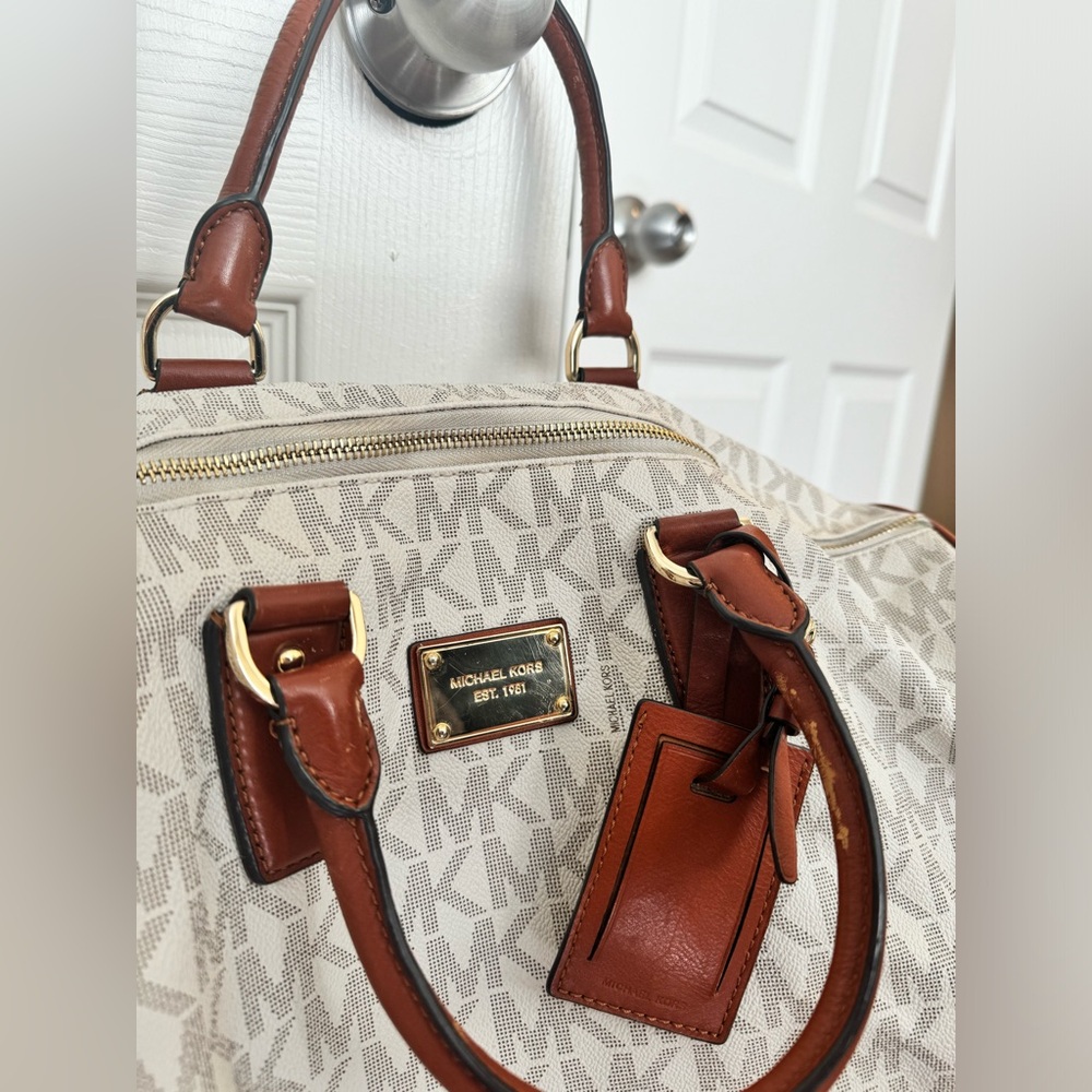 Michael Kors Beige Monogram Duffel with Brown Leather Trim - Picture 2 of 5